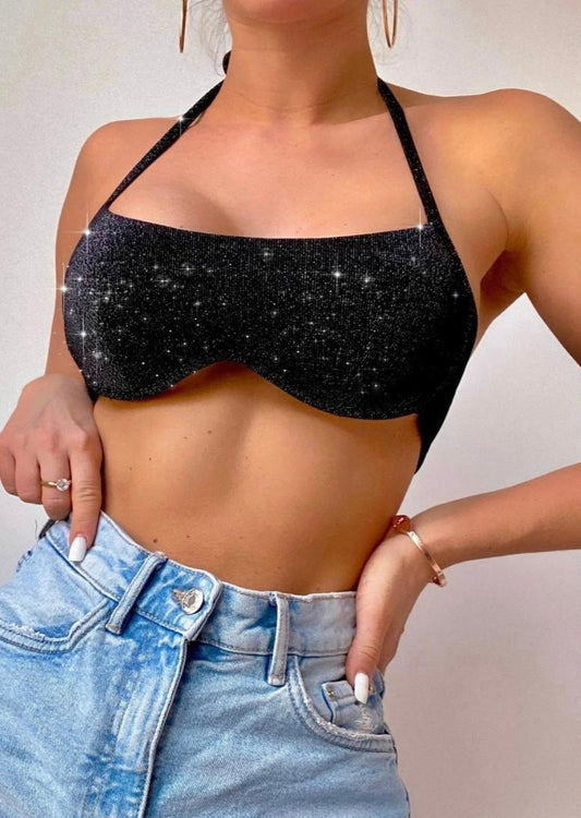 Kissed By The Stars Crop Top in Shiny Black